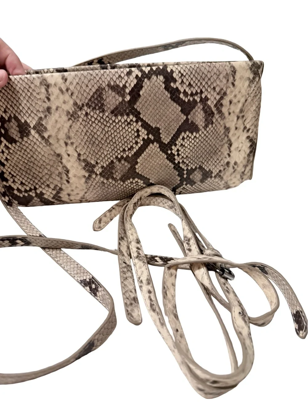 Snake-Print Convertible Clutch/  Crossbody Bag in Taupe